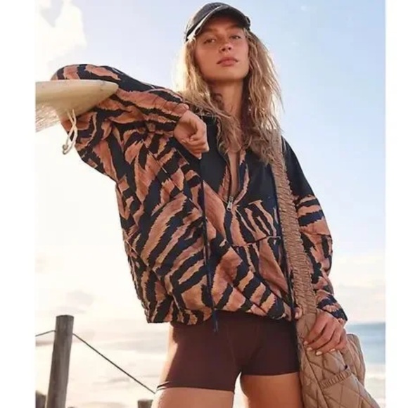 FP Movement by Free People Jackets & Blazers - Free People Movement Walk the Line Oversized Black & Tan Zebra Print pullover